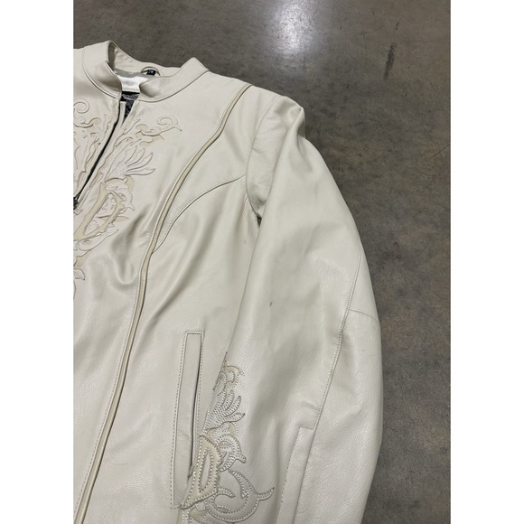 Cream Beige Harley Davidson 2000s Leather Jacket 2w Embroidered - Picture 2 of 6